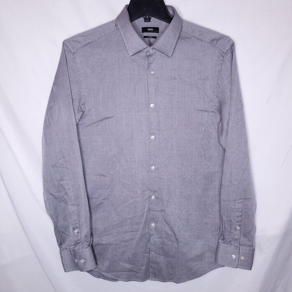 Hugo Boss Dress Shirt Mens 17.5 Gray Slim Fit Cotton Italian